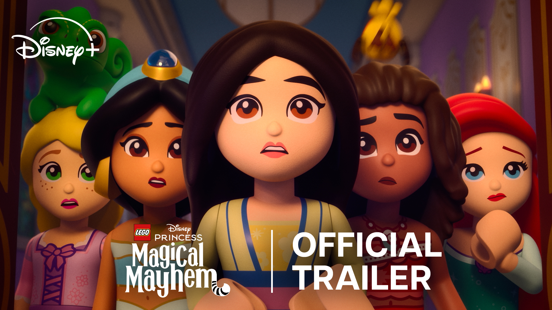 Five LEGO Disney Princess characters in the Magical Mayhem trailer