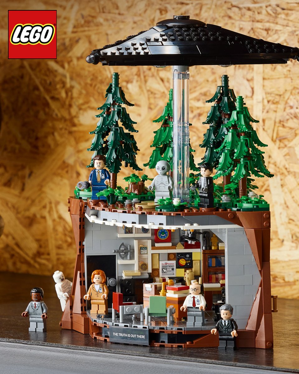 Assembled LEGO Ideas The X-Files set showing the office, forest scene and UFO