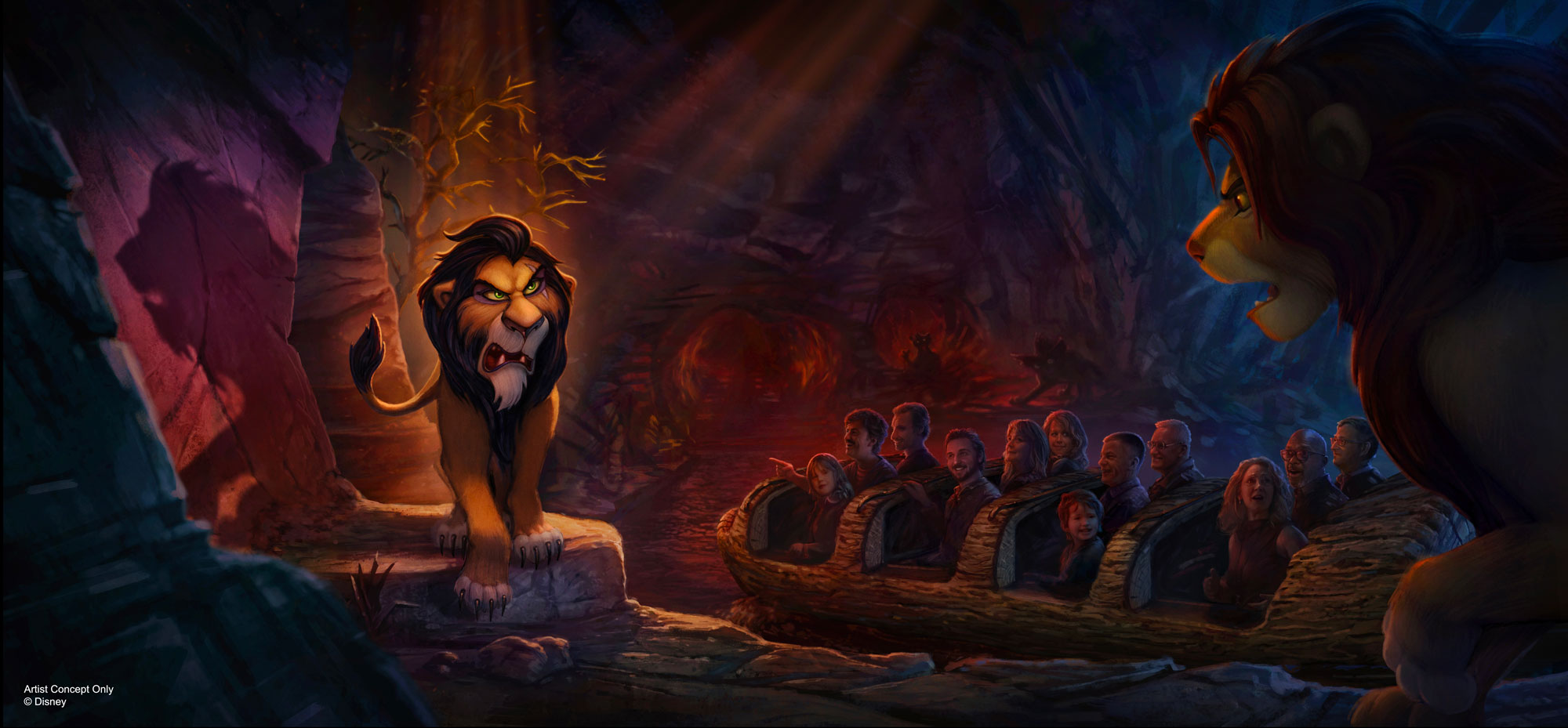 Scar confronts Simba beside a ride vehicle in Lion King attraction concept art