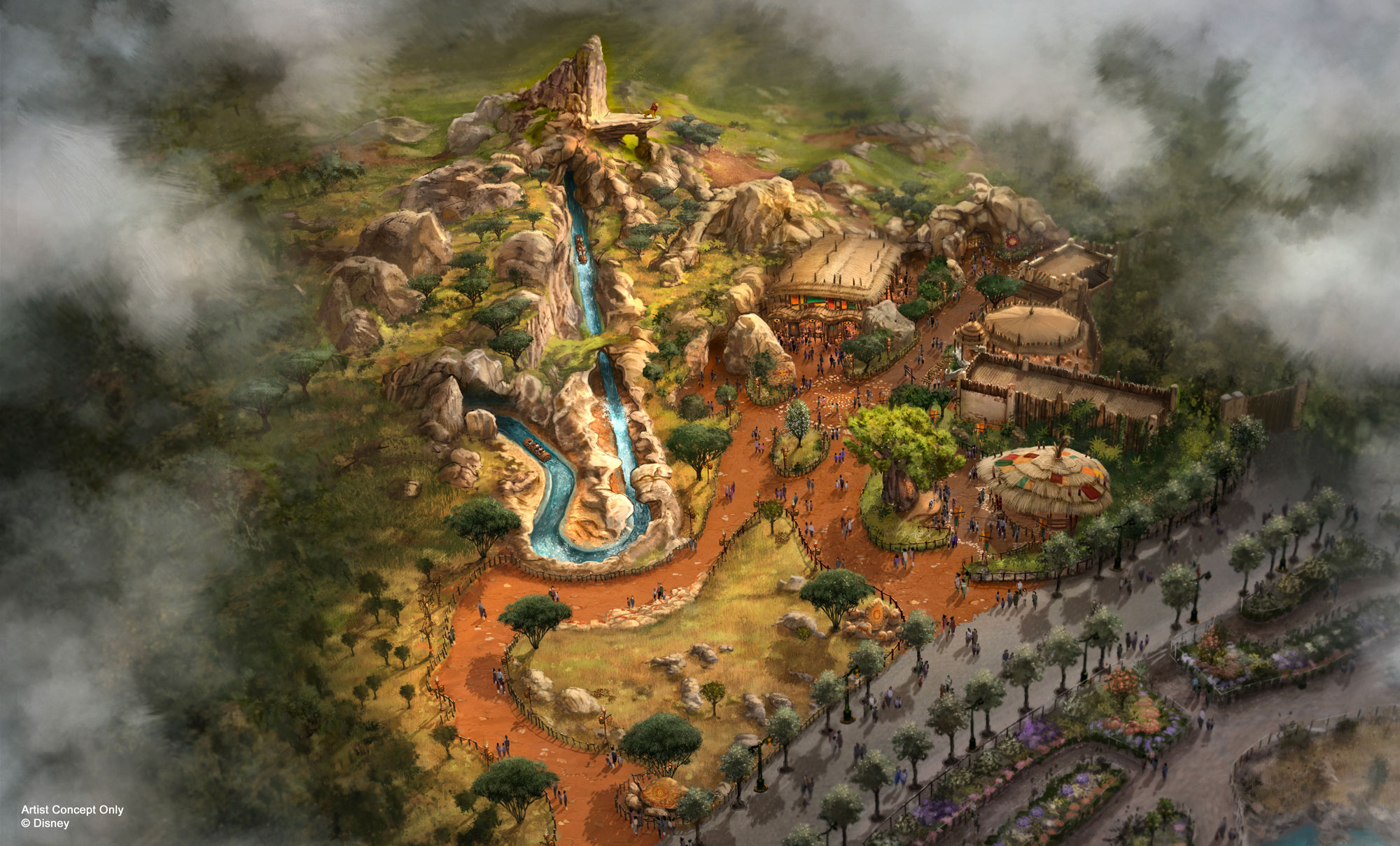 Overview concept art for the Lion King land and water attraction at Disney Adventure World