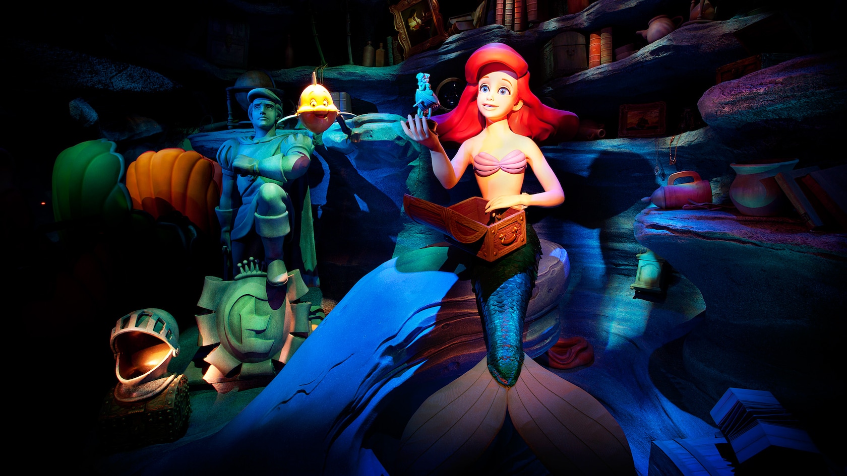 Ariel, Flounder and Prince Eric in The Little Mermaid attraction at Disney California Adventure