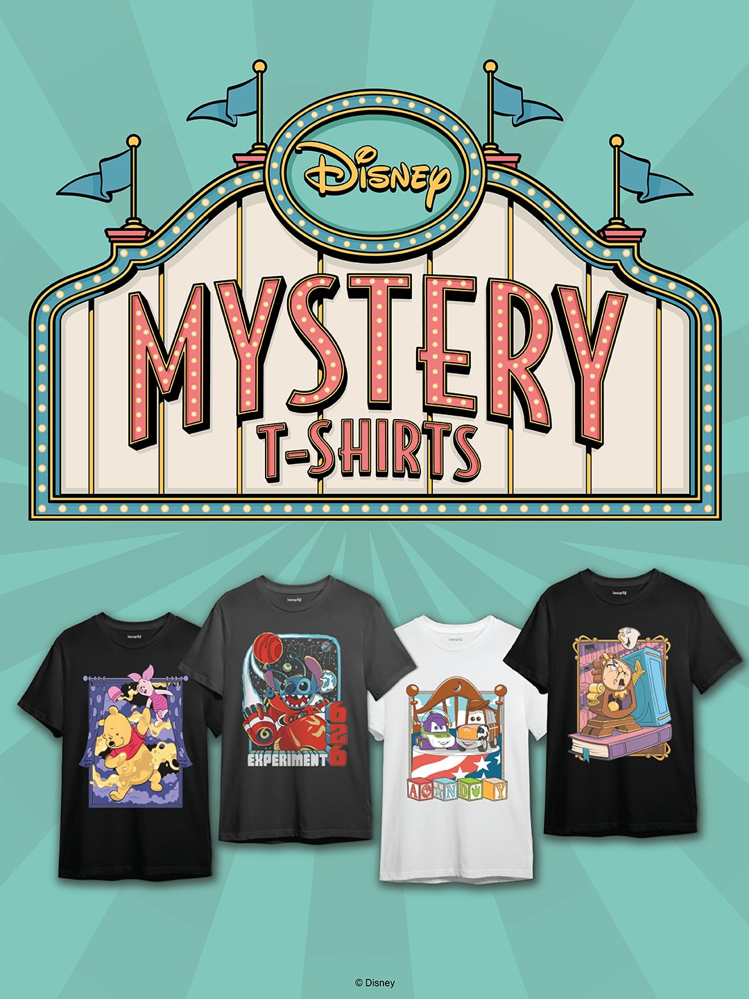 Preview of Loungefly D23 mystery T-shirts featuring Winnie the Pooh and Piglet, Stitch, Toy Story toys, and Beauty and the Beast characters