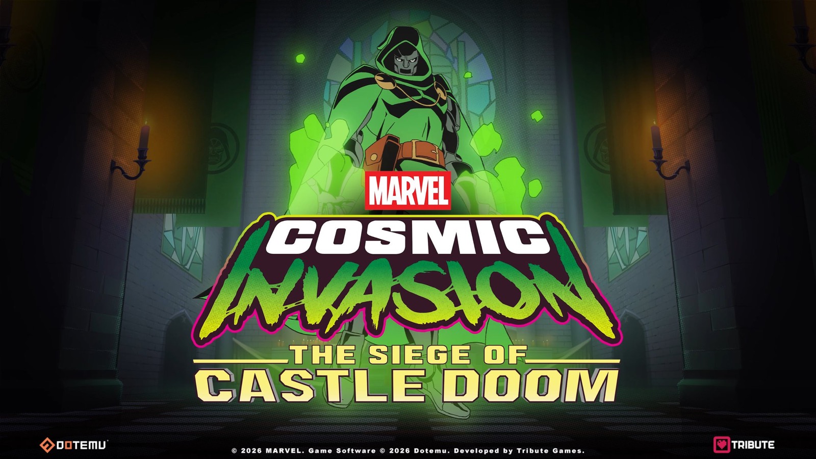 Doctor Doom above the Marvel Cosmic Invasion: The Siege of Castle Doom logo
