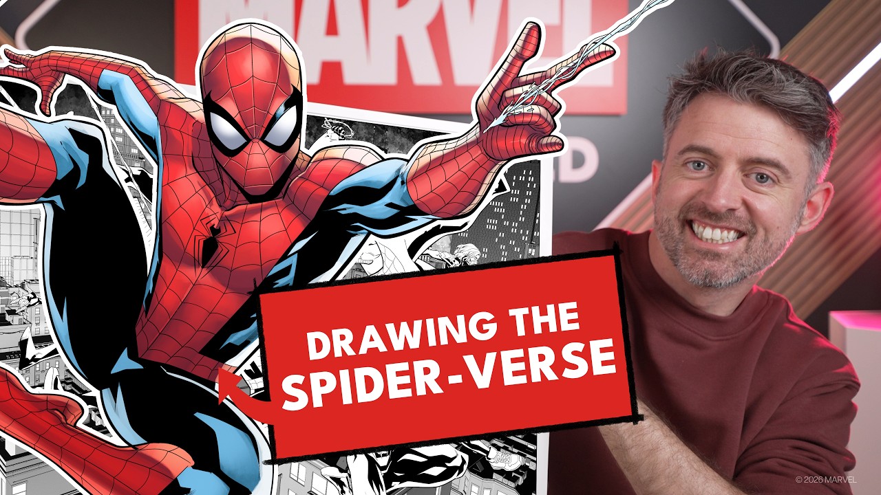 Spider-Man and the Spider-Verse beside Marvel artist Will Sliney in the Marvel Illustrated video thumbnail