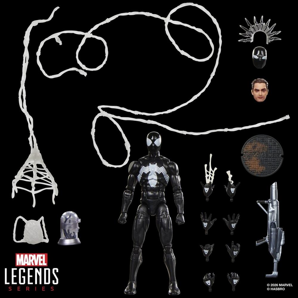 Symbiote Spider-Man figure displayed with all 17 accessories