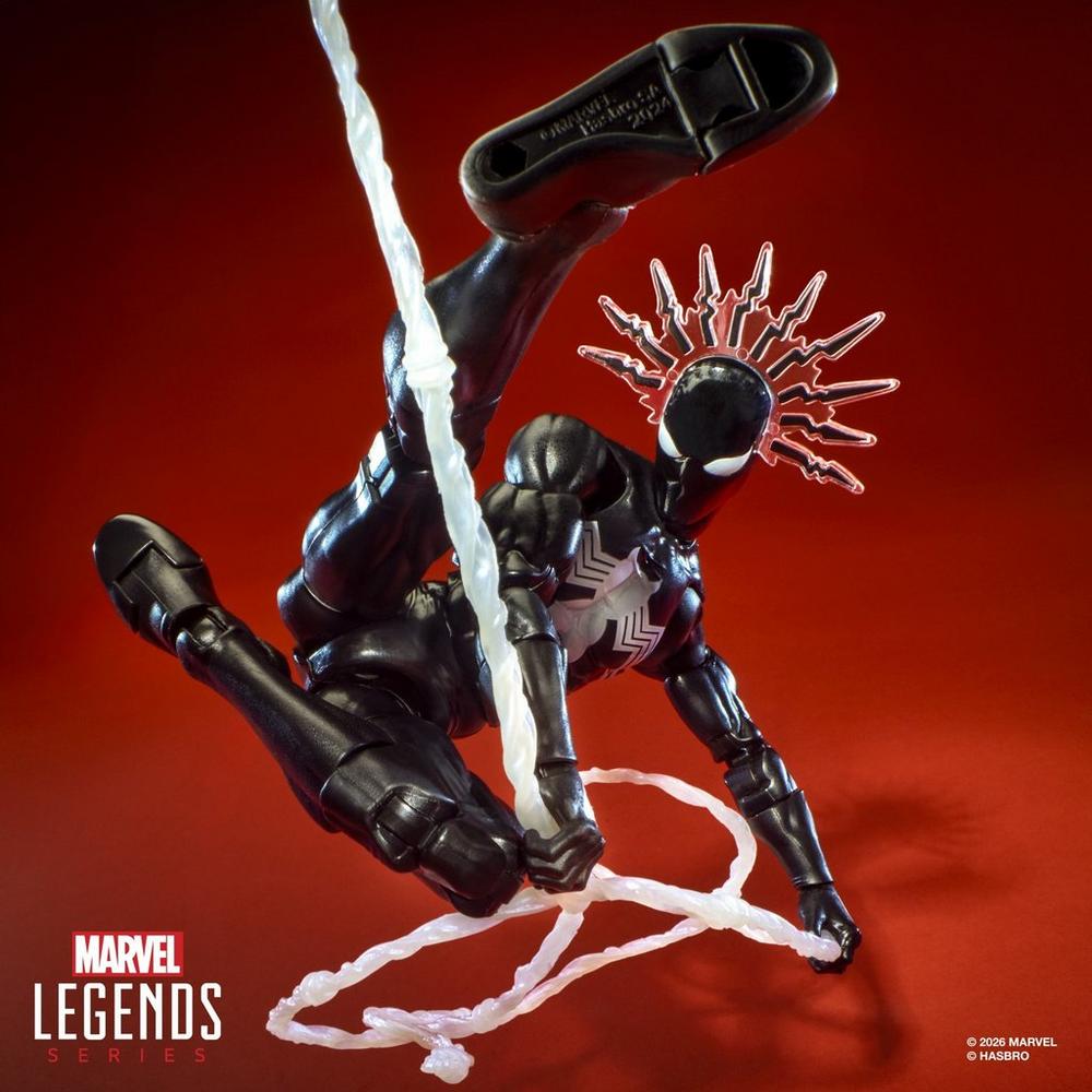 Symbiote Spider-Man figure swinging on a web line