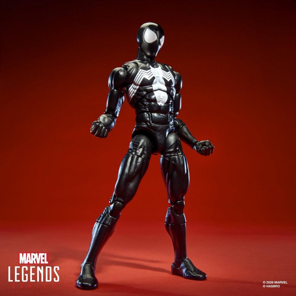 Symbiote Spider-Man figure standing against a red background