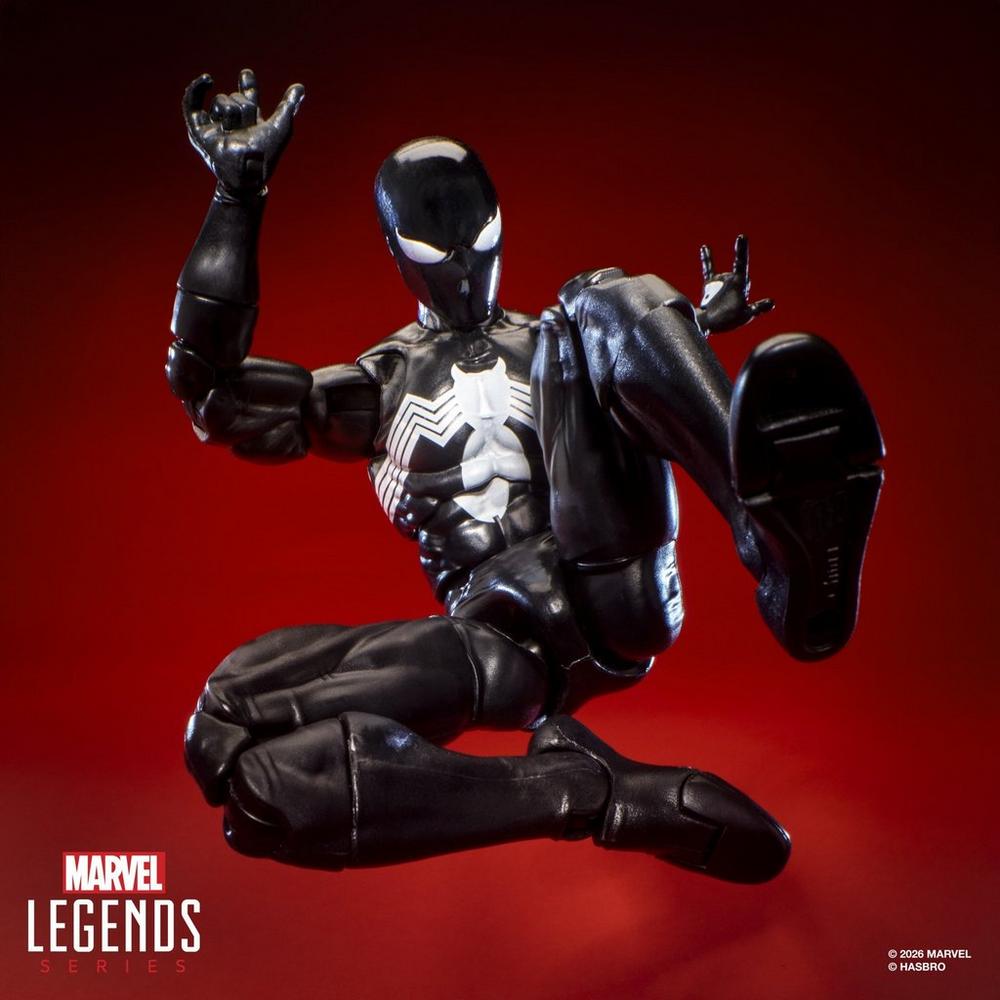 Symbiote Spider-Man figure in an airborne crouching pose