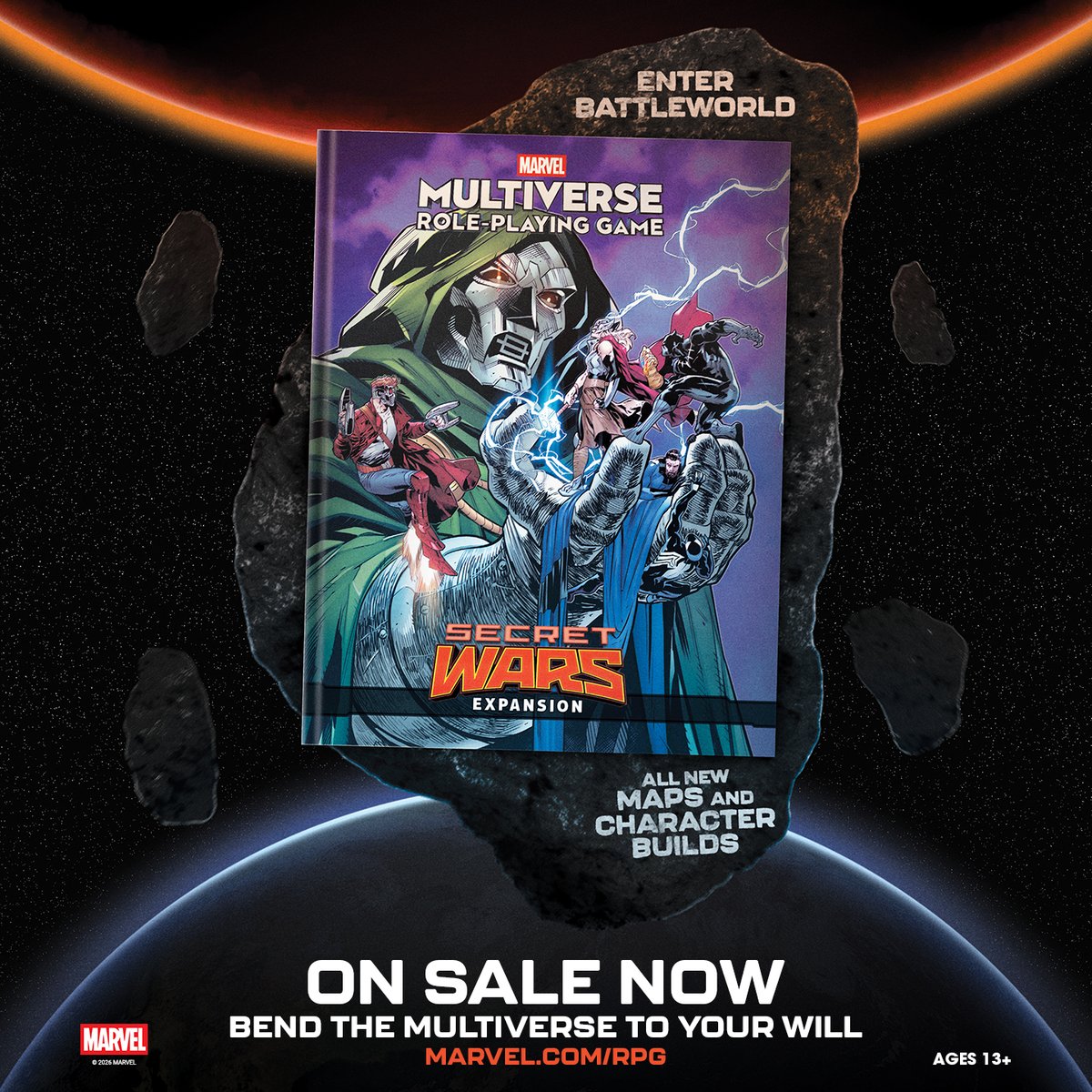 Marvel Multiverse Role-Playing Game Secret Wars Expansion artwork with Battleworld and new character builds