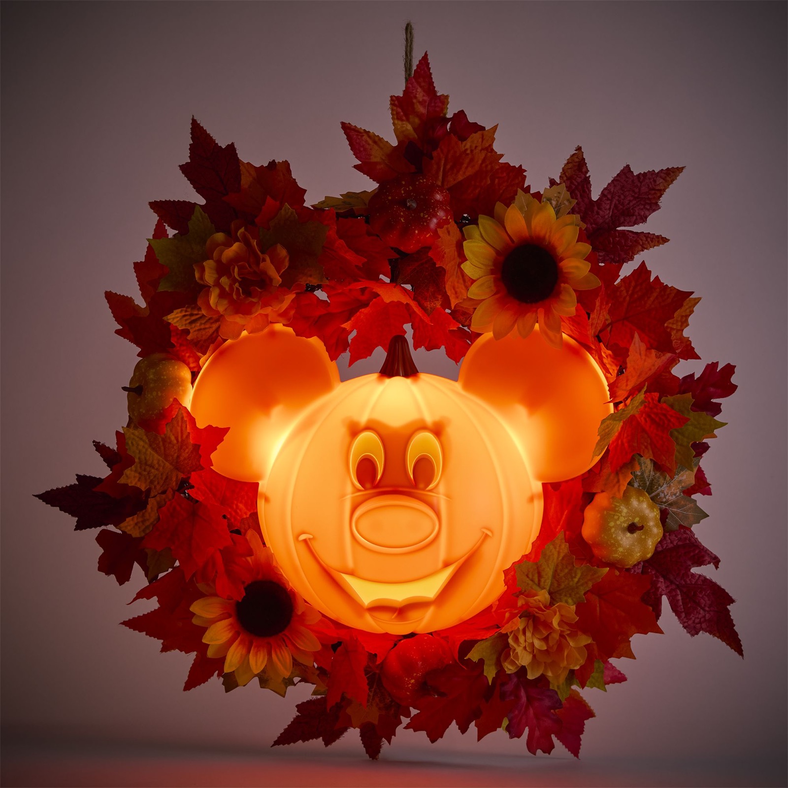 Light-up Mickey Mouse pumpkin wreath with fall leaves