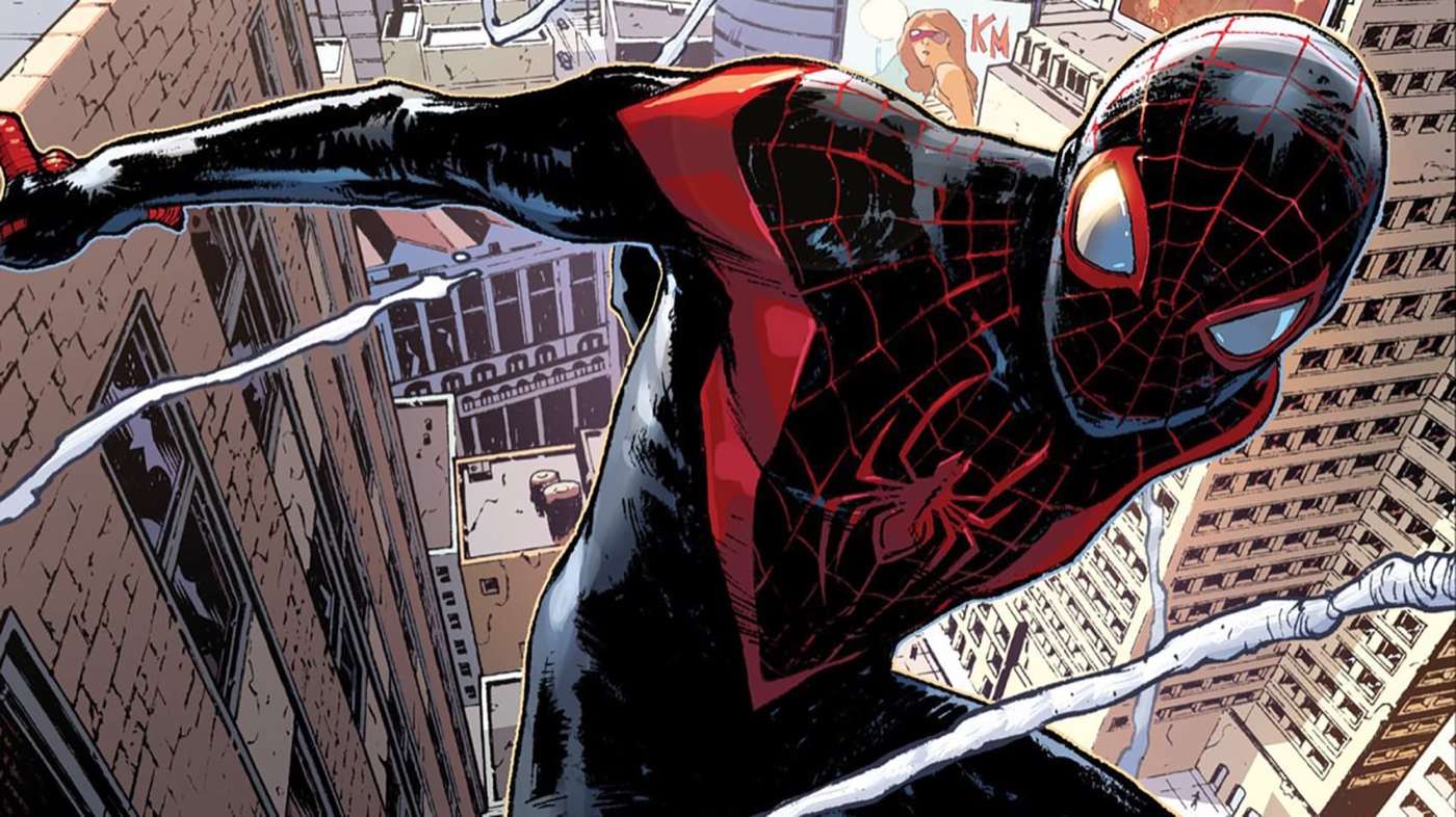 Miles Morales as Spider-Man swings between Brooklyn buildings in Marvel Comics artwork