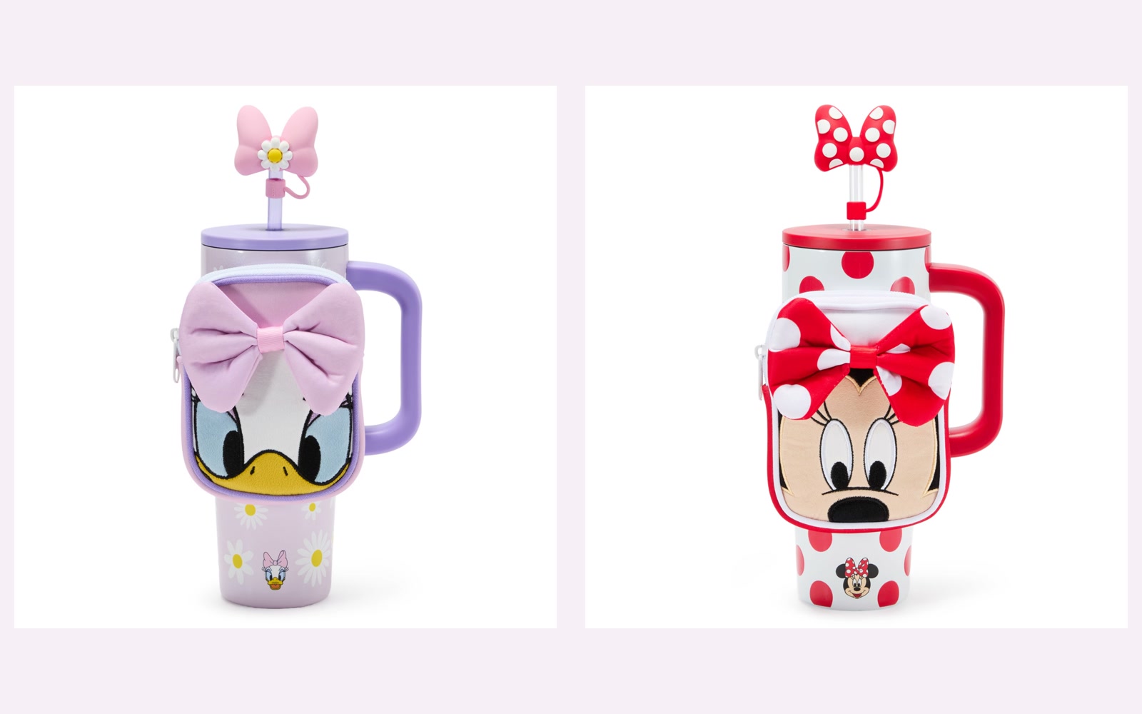 Daisy Duck and Minnie Mouse stainless steel tumblers with matching zip cases