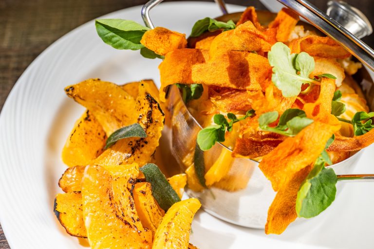 Chicken Cauldron: Black truffle sauce, root vegetables, and potato-pumpkin purée (New)