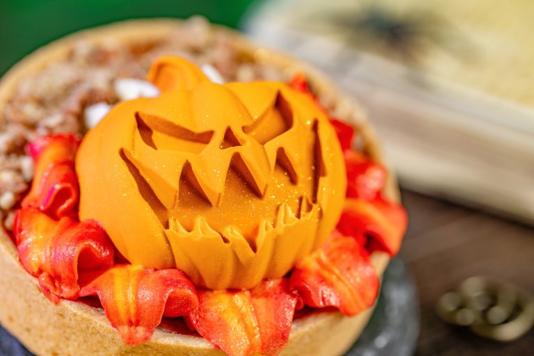 Headless Horseman Treat: Pumpkin pie tart topped with whipped cheesecake, spiced caramel panna cotta, candied pecans, and marshmallow buttercream “flames” (New) (Available during Mickey’s Not-So-Scary Halloween Party only)