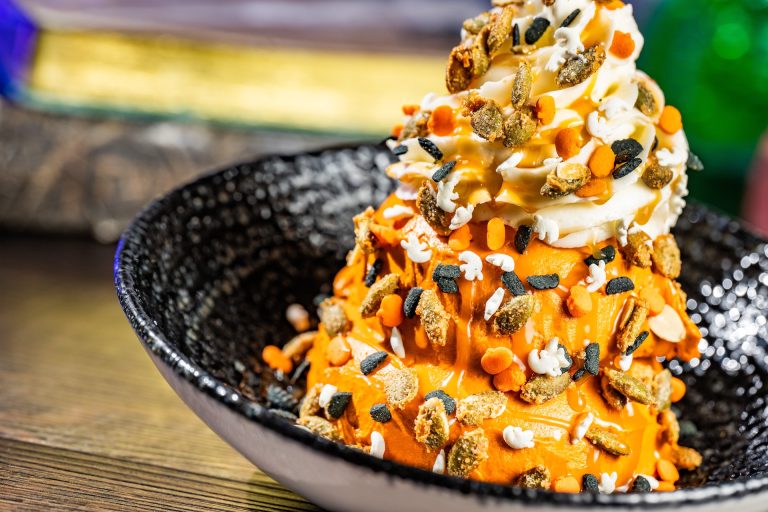 Pumpkin Sundae: Pumpkin gelato with pumpkin-spiced caramel sauce, pumpkin brittle, and Halloween sprinkles (Available during regular park hours and Mickey’s Not-So-Scary Halloween Party)