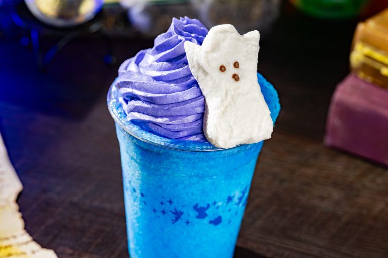 Scary Ghost Slushy: Blue raspberry slushy with marshmallow foam and a marshmallow ghost (Non-alcoholic) (Available during Mickey’s Not-So-Scary Halloween Party only)