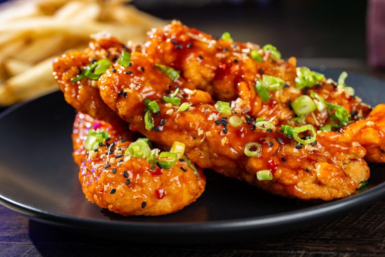 Sweet-and-Spicy Chicken Strips with Korean barbecue sauce and topped with black sesame seeds, crispy garlic, and green onions served with french fries (Available during Mickey’s Not-So-Scary Halloween Party only)
