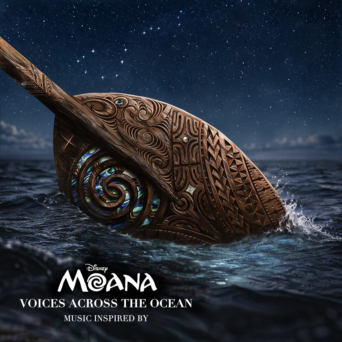 Moana: Voices Across the Ocean album cover with a carved wayfinding paddle in the ocean