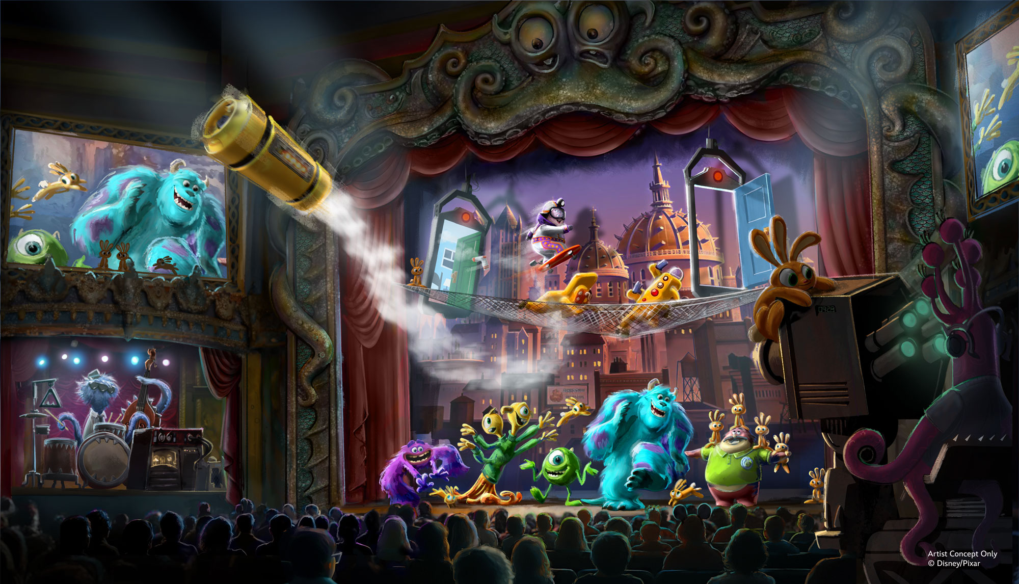 Welcome to Monstropolis with Sulley and Mike inside the Glob Theater