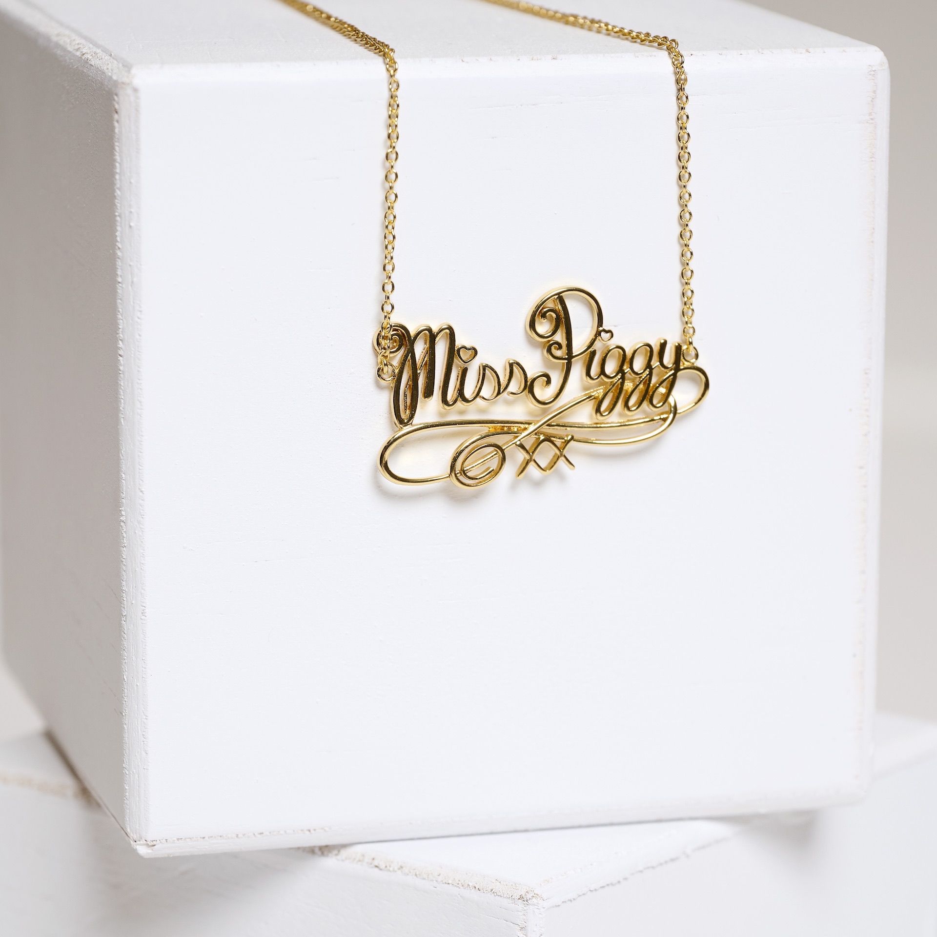 Gold Miss Piggy script pendant necklace