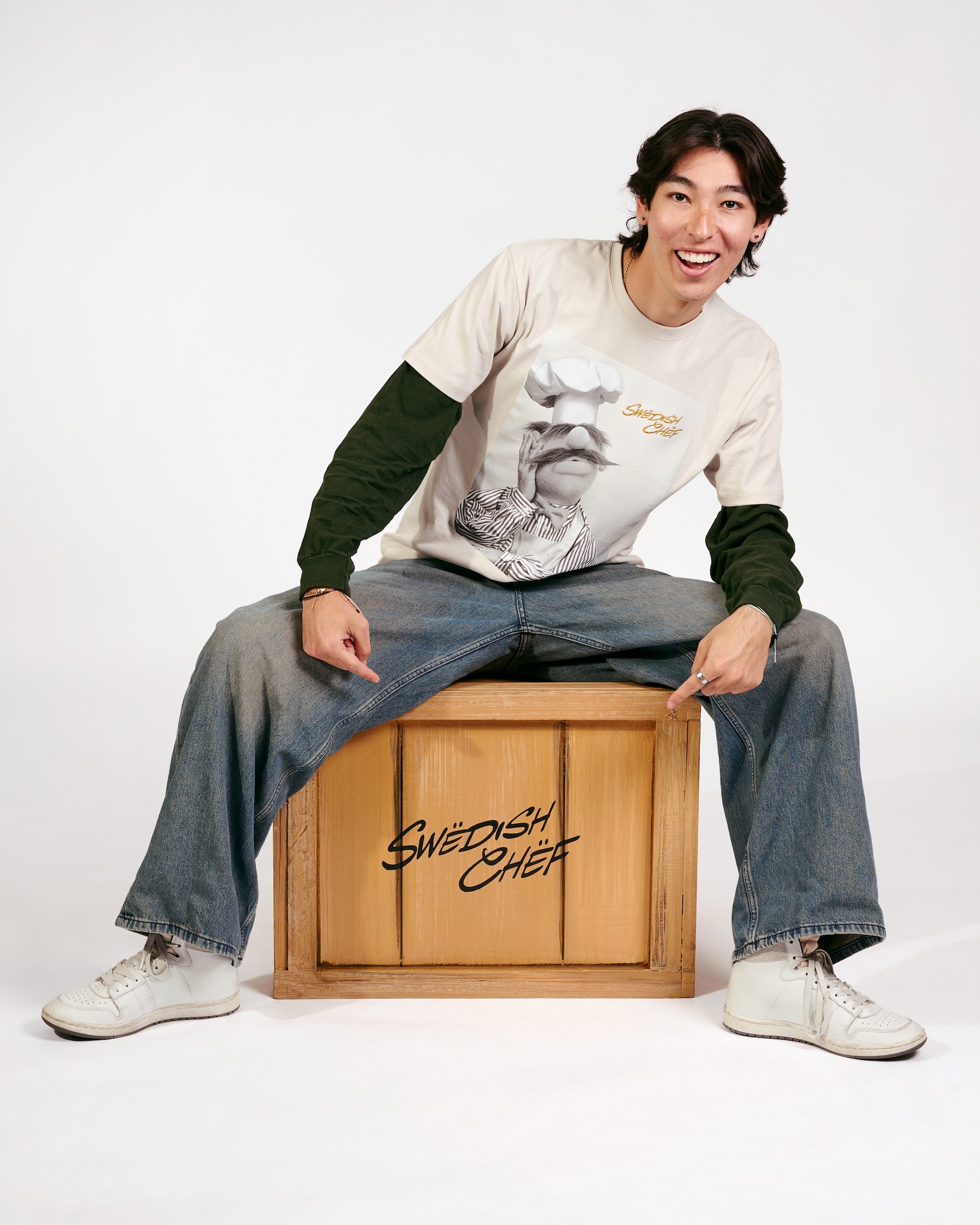 Model wearing a Swedish Chef graphic T-shirt
