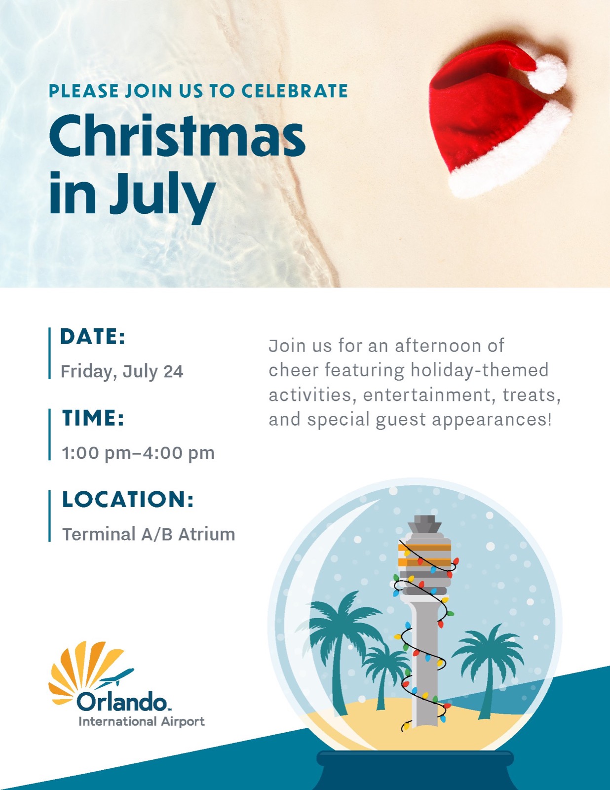 Orlando International Airport Christmas in July event art with a Santa hat and airport control tower snow globe
