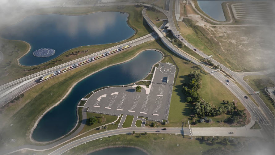 Aerial view of Surface Lot Atlantis and the Train Station at Orlando International Airport