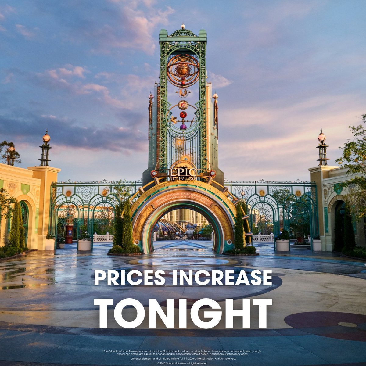 Universal Epic Universe entrance with an Orlando Informer Meetup price deadline announcement