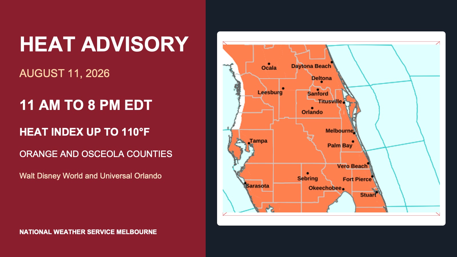 National Weather Service alert map and Heat Advisory details for Orange and Osceola counties on August 11