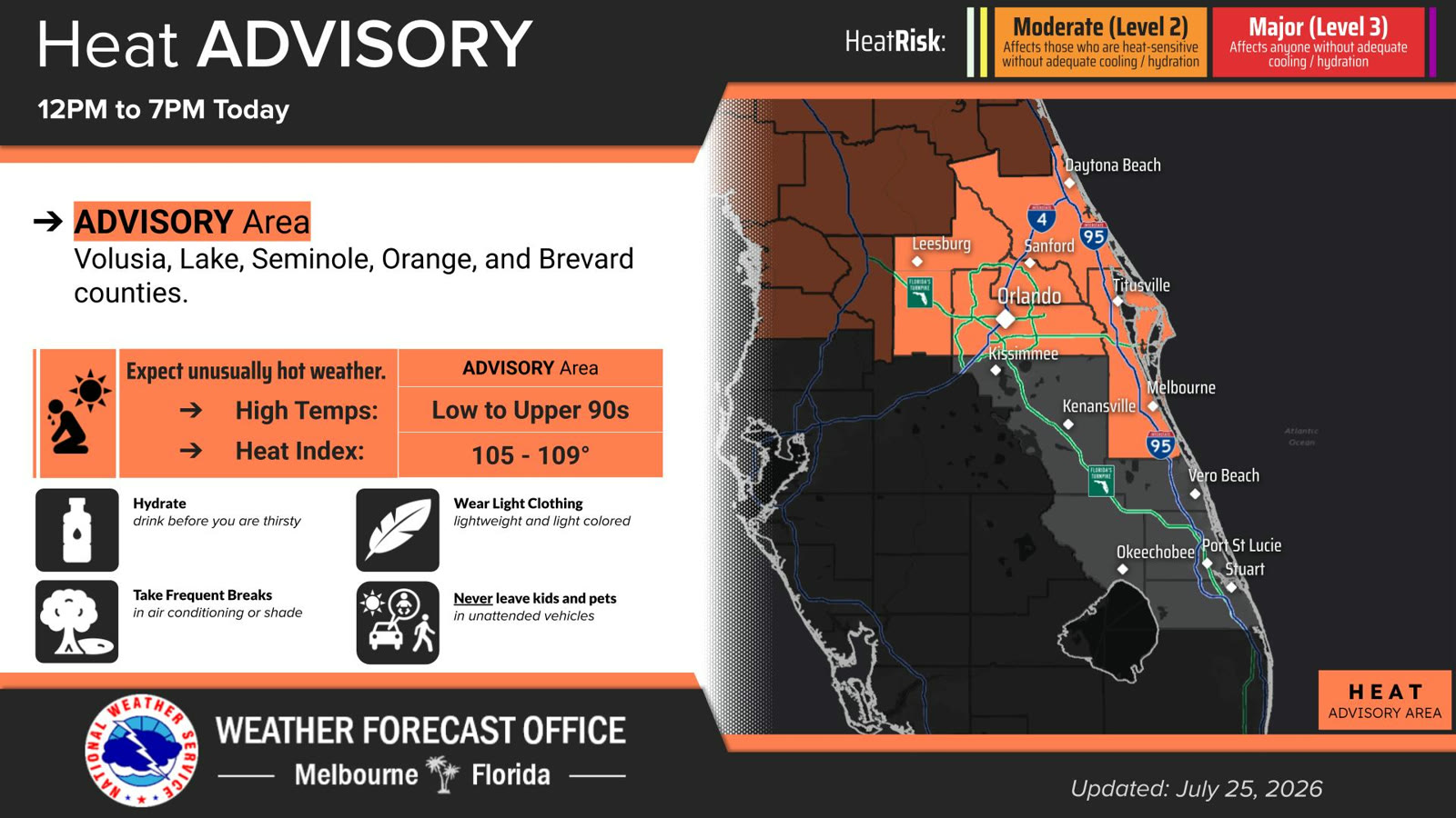 National Weather Service Heat Advisory map for Central Florida on July 25