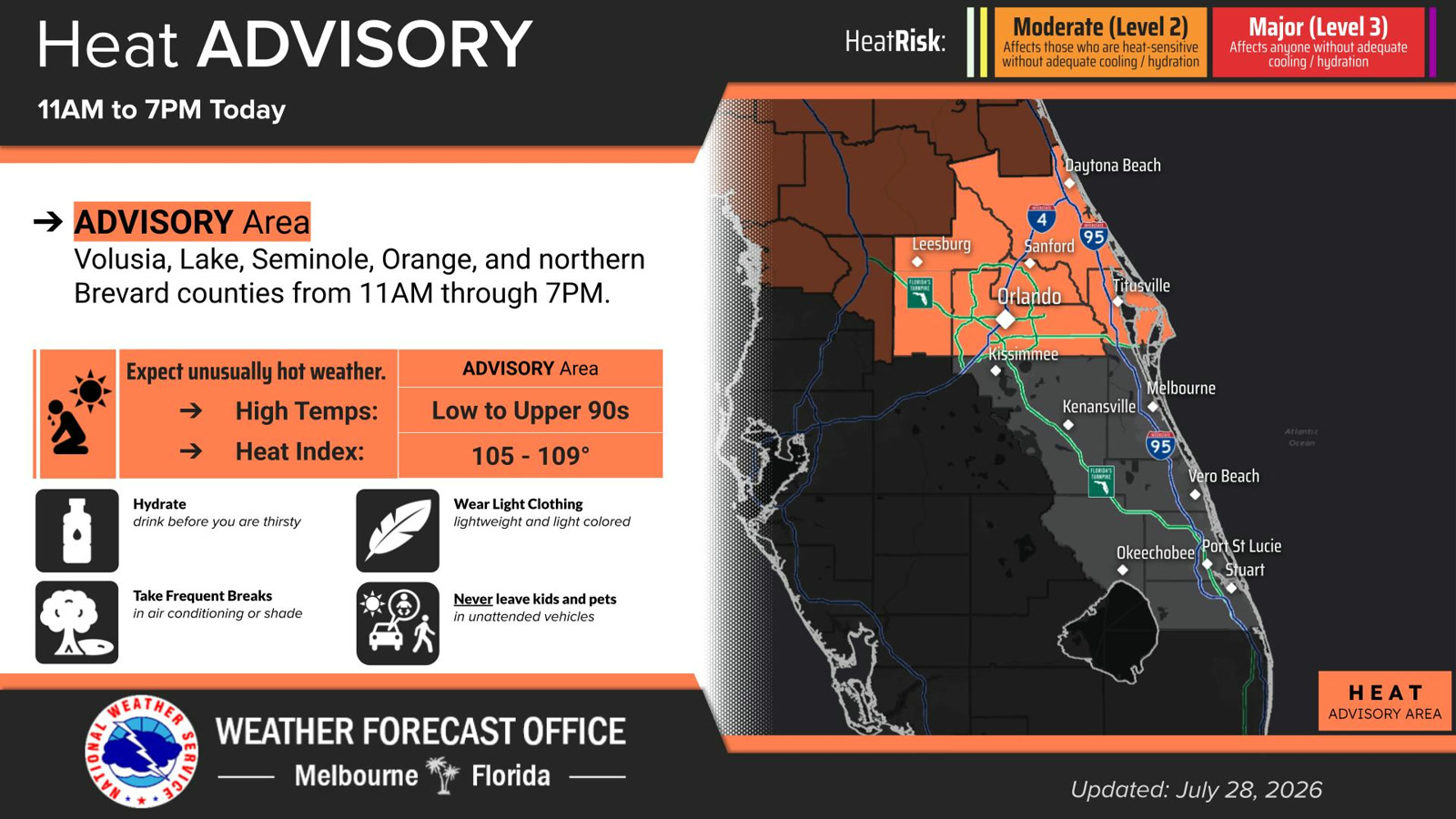 National Weather Service outlook for July 28 showing a Heat Advisory in Orange County and heat index values from 105 to 109