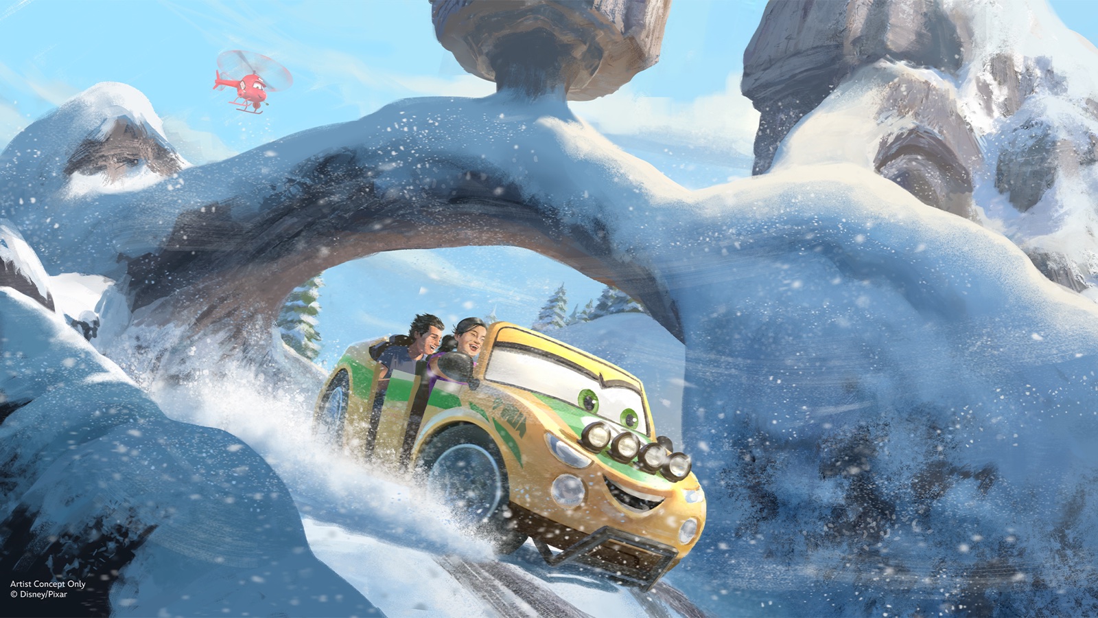 Disney concept art of the snow-covered summit on Cars Ridge Run Rally.