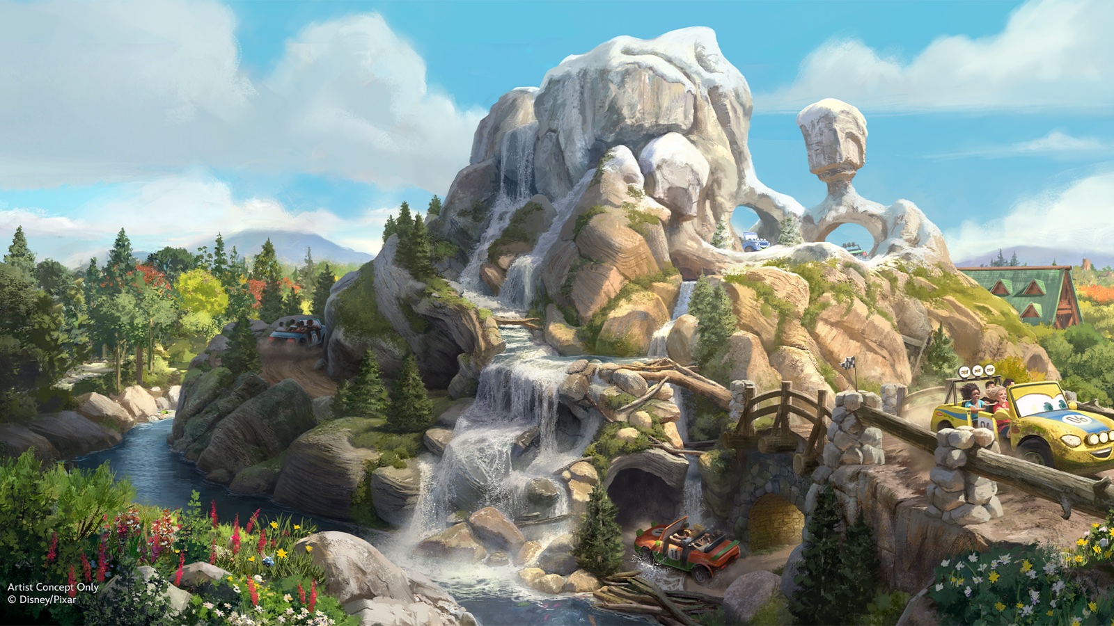 Disney concept art of Piston Peak’s waterfall and racing course.