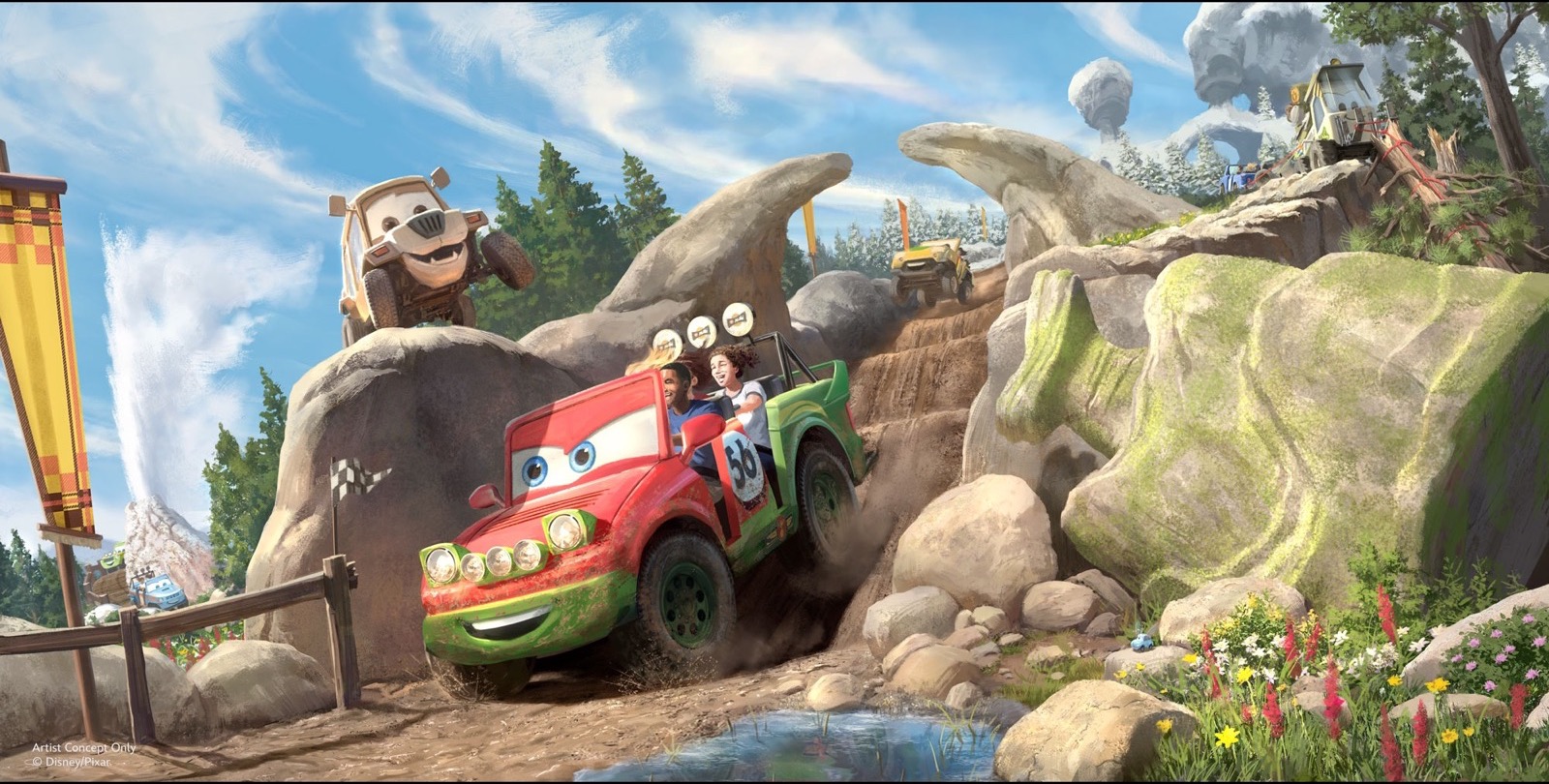 Cars Ridge Run Rally vehicles moving through the waterfall landscape planned for Piston Peak