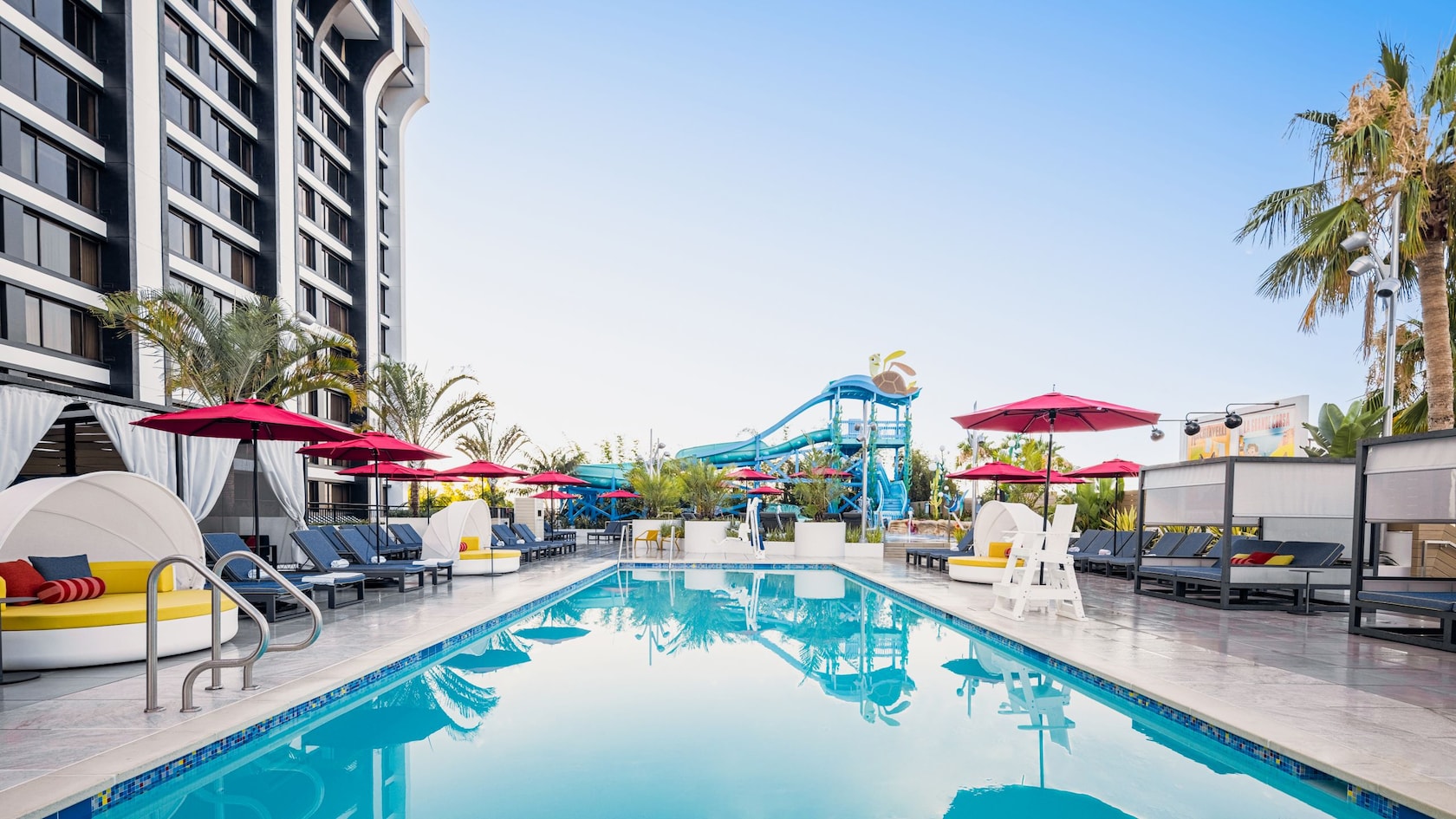 File photo of Pixel Pool at Pixar Place Hotel, with the slide in the background.