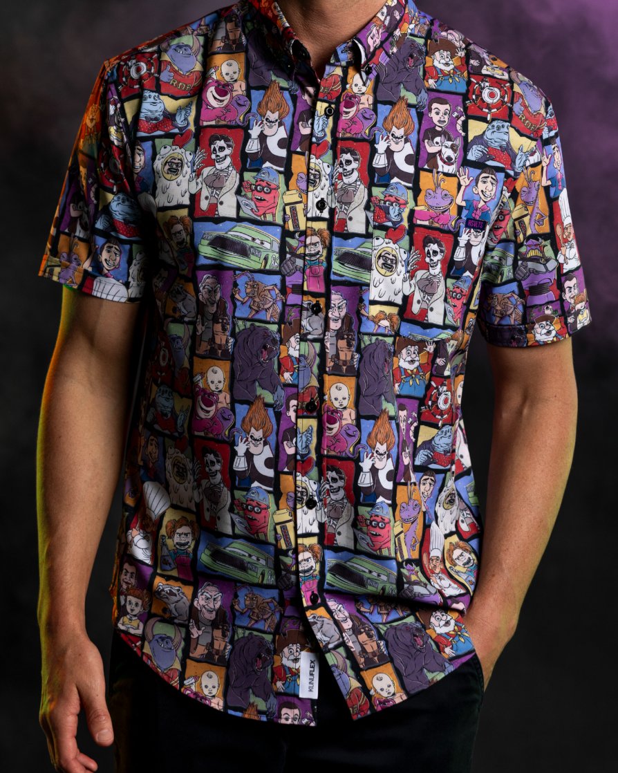 Up to No Good shirt with Pixar villains arranged in colorful panels