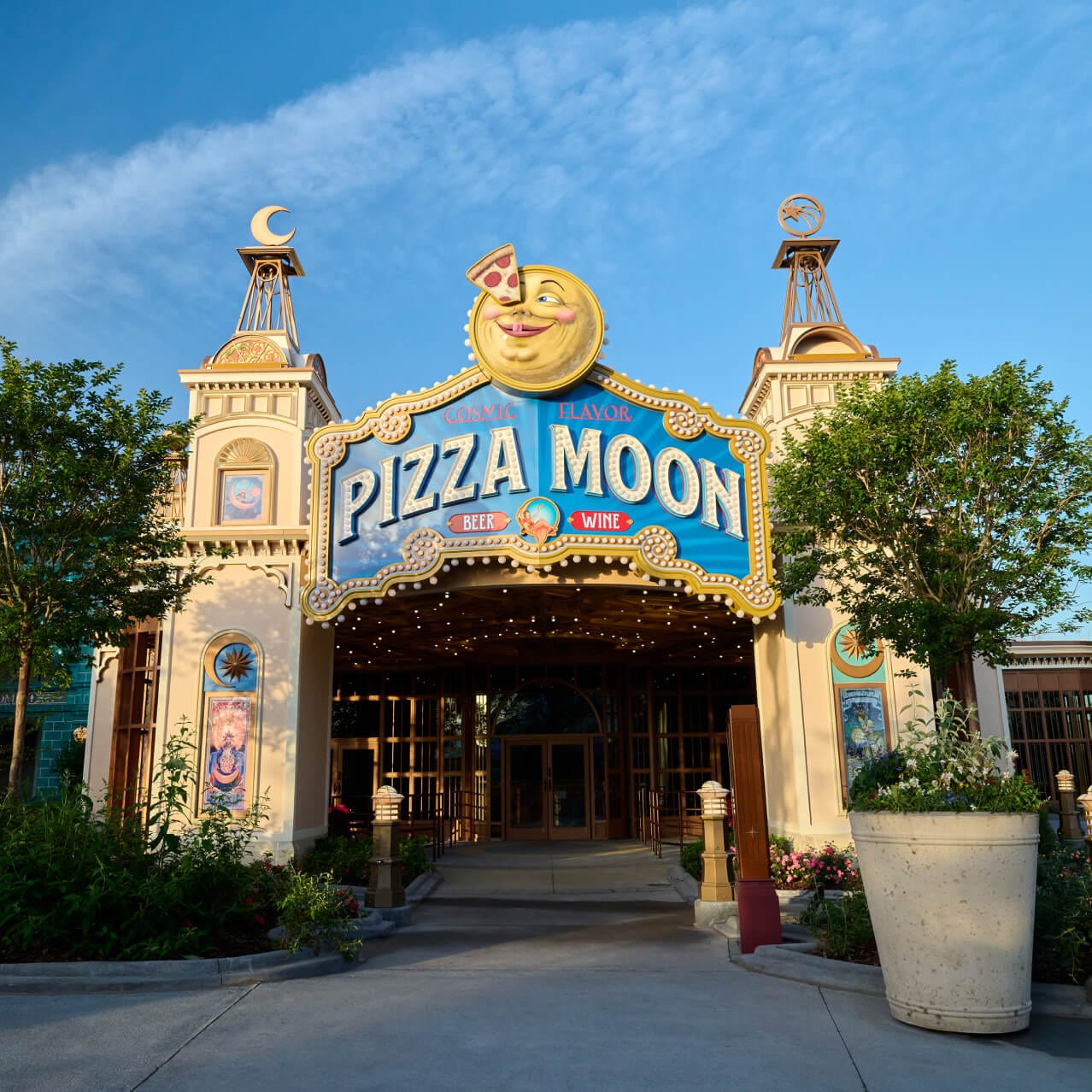The theater-themed entrance to Pizza Moon at Universal Epic Universe