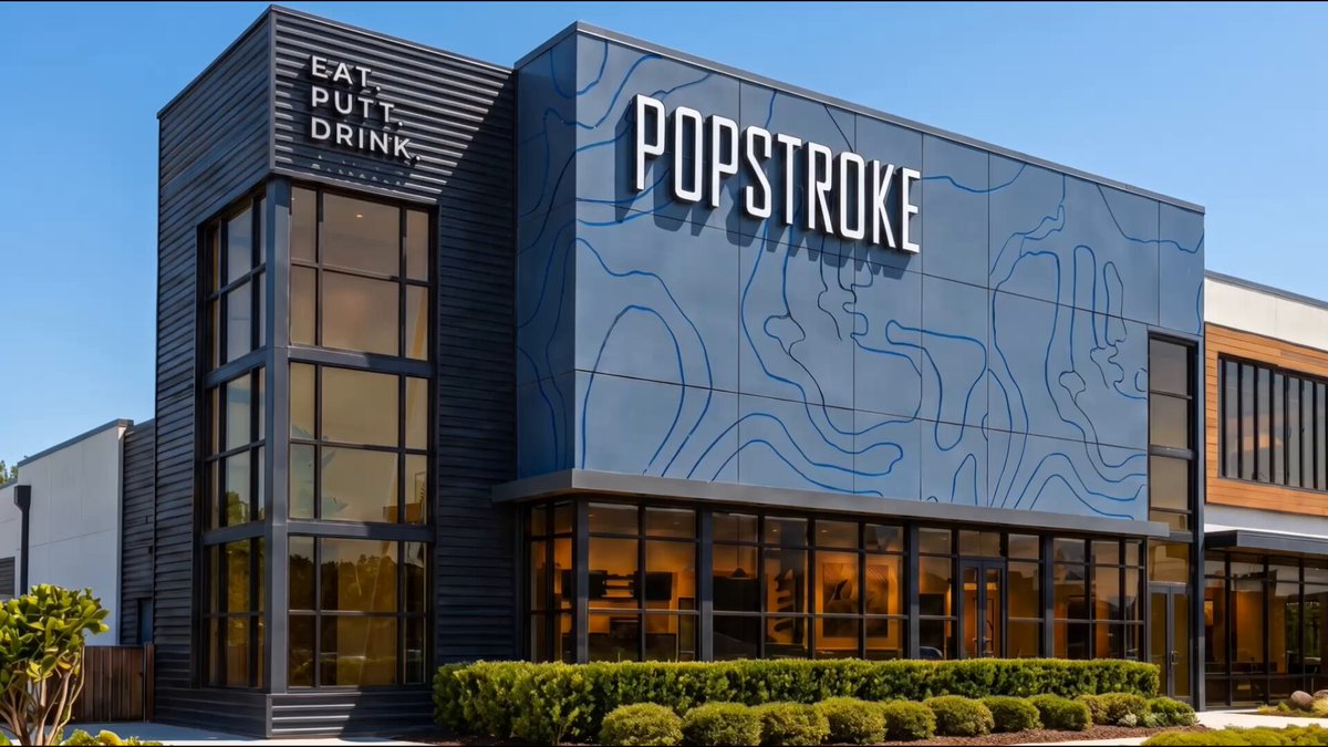 PopStroke building with its logo above the entrance