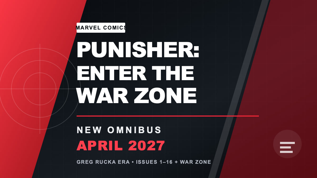 Red and white title card for the Punisher: Enter the War Zone omnibus arriving in April 2027