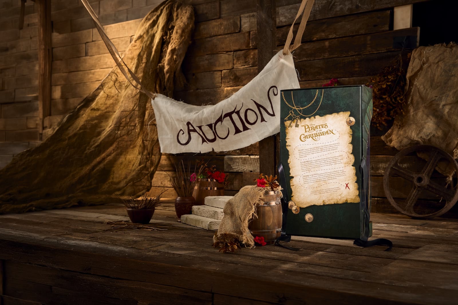 Redd doll beside the auction banner and pirate props