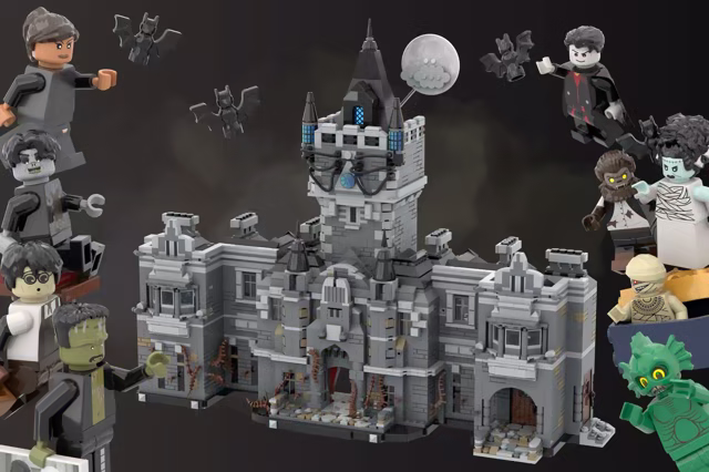 Patrick Creedon’s LEGO model of Frankenstein Manor: Monsters Unchained with Universal Monsters figures