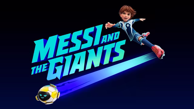 Leo leaps above the Messi and the Giants title as a glowing ball streaks across a dark blue background