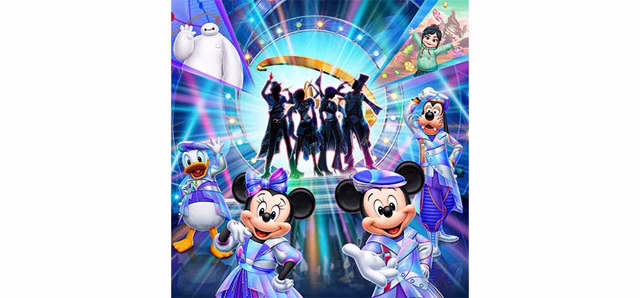 The D-Groovationz4 performers and Disney characters on the Showbase stage at Tokyo Disneyland