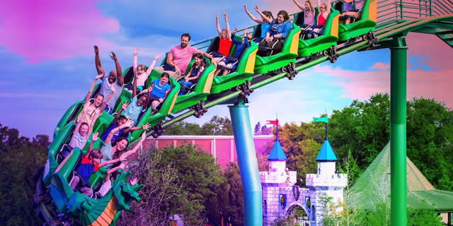 The Dragon family coaster with colorful Halloween lighting at LEGOLAND Florida