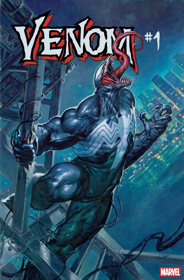 Venom #1 cover showing Venom swinging through a city at night