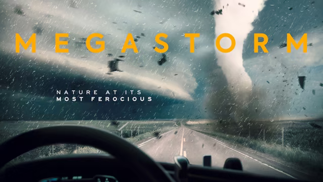 Megastorm key art showing a tornado ahead of a rain-covered road