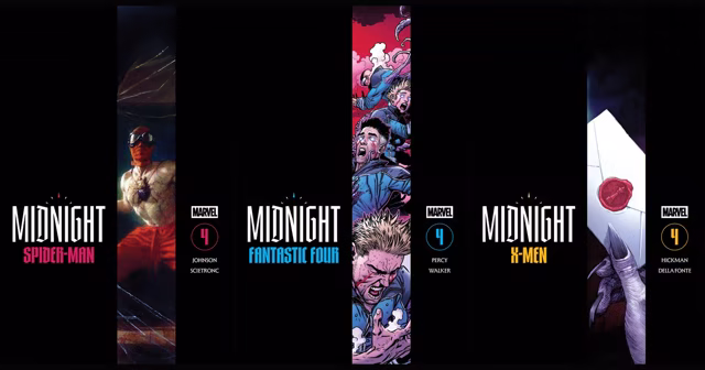 Artwork for three Marvel Midnight issue 4 cloaked covers for Spider-Man, Fantastic Four and X-Men