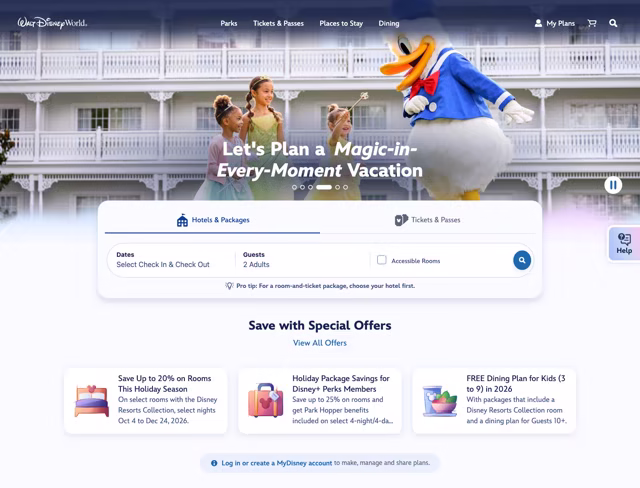 Redesigned Walt Disney World website with a condensed navigation bar and booking module
