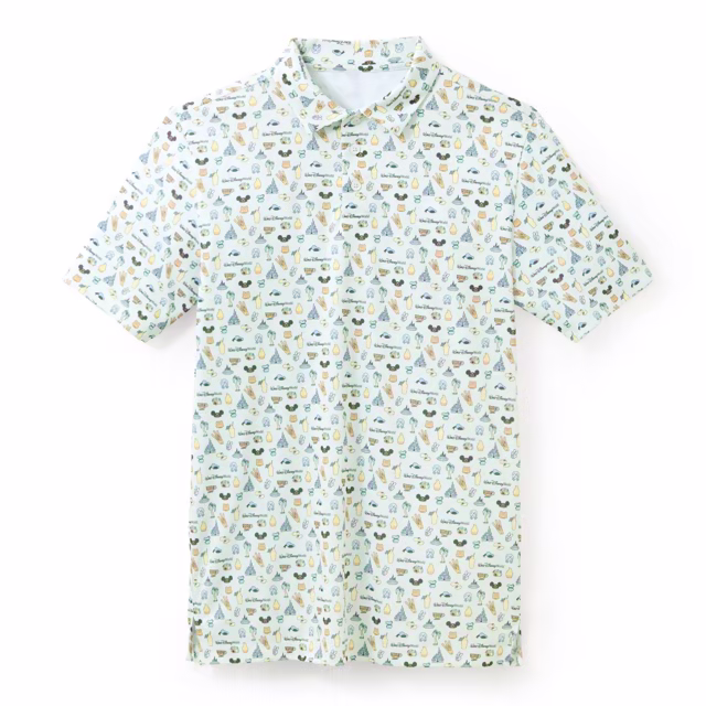 Pale mint Walt Disney World polo with an allover print of park icons and snacks