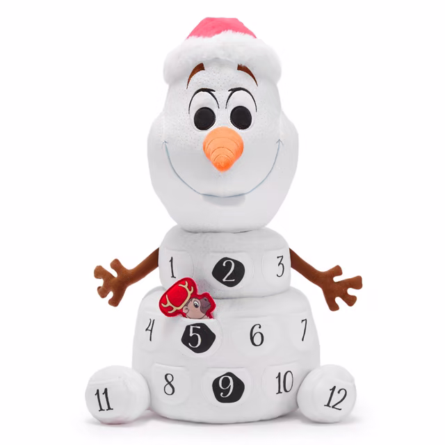 Olaf plush Christmas countdown calendar with 12 numbered pockets and a red Santa hat